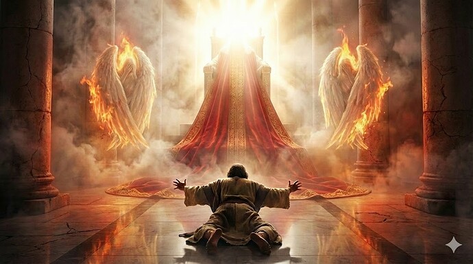 Isaiah kneels before a throne bathed in light, flanked by two fiery-winged angels. (Captioned by InsightAI)