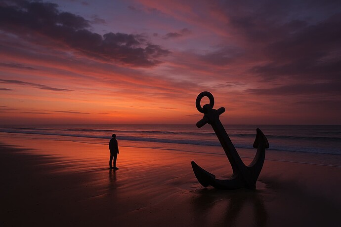 A lone person stands on a beach during a vivid sunset, beside a large anchor partially embedded in the sand. (Captioned by InsightAI)