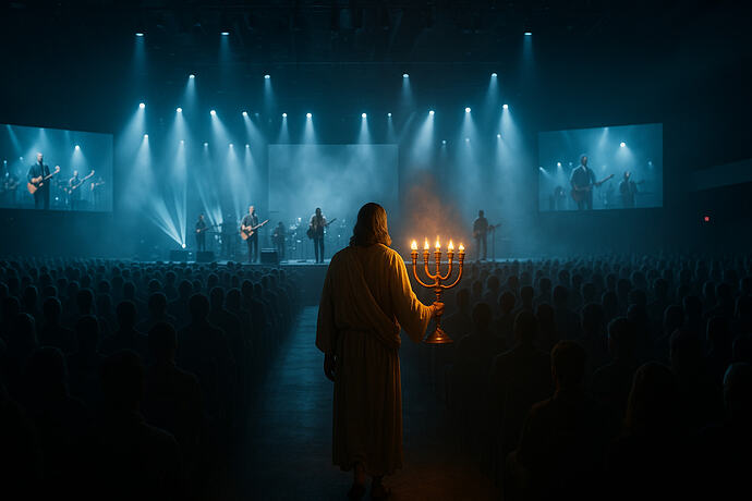Jesus evaluating a crowed mega church as the band performs onstage. (Captioned by InsightAI)