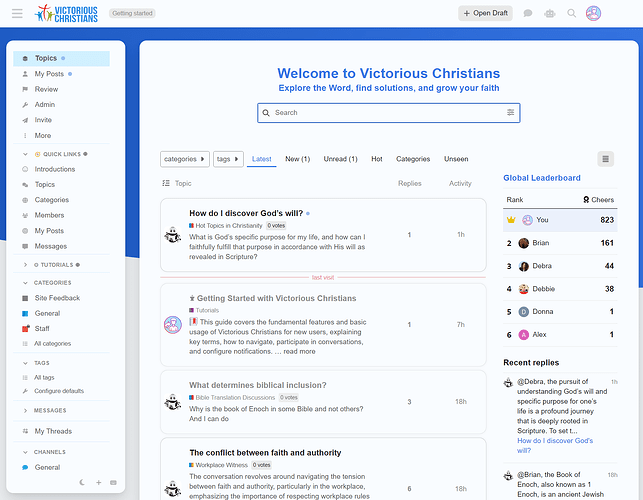 The image displays a user interface for a forum called "Victorious Christians," highlighting various discussion topics, tutorial categories, a global leaderboard, and recent replies related to faith and Biblical inquiries. (Captioned by AI)