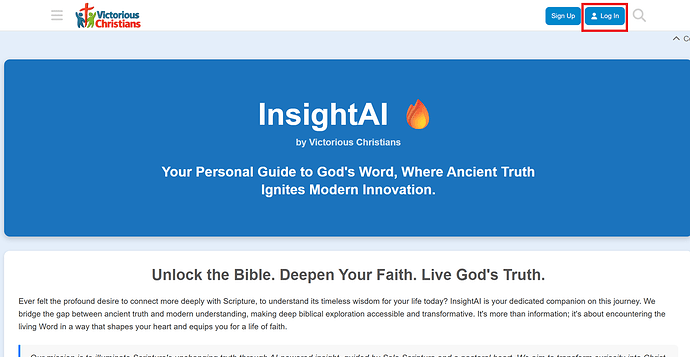 The image shows a webpage for InsightAI by Victorious Christians, described as a personal guide to God's Word combining ancient truth with modern innovation, encouraging users to deepen their faith and live God's truth. (Captioned by AI)