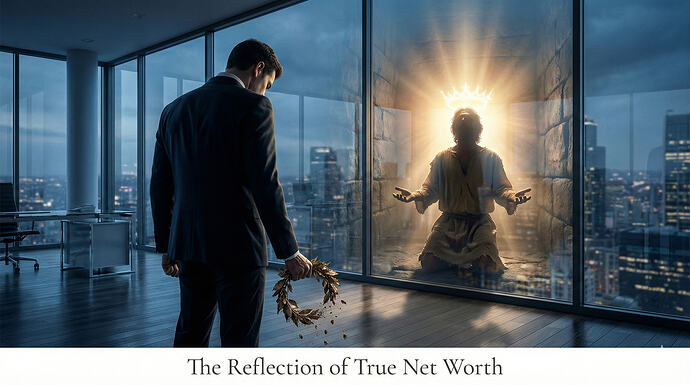 A suited businessman in a sleek office gazes at a glowing, haloed figure kneeling inside a glass-walled chamber, symbolizing a reflection on true net worth. (Captioned by InsightAI)