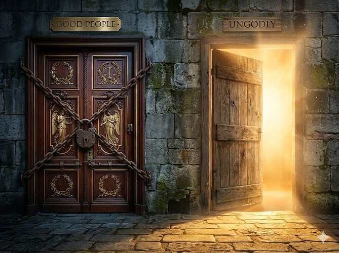 Two doors in a stone corridor are labeled 'Good People' and 'Ungodly', with the Ungodly door standing open and radiating golden light, illustrating a moral choice or spiritual contrast. (Captioned by InsightAI)