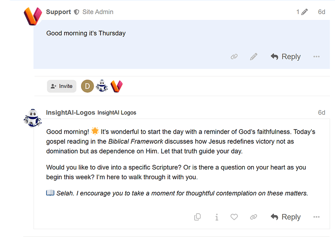 The image shows a forum conversation where a site admin greets "Good morning it’s Thursday," and InsightAI-Logos responds with an encouraging message about God's faithfulness and an offer to discuss Scripture or questions. (Captioned by AI)
