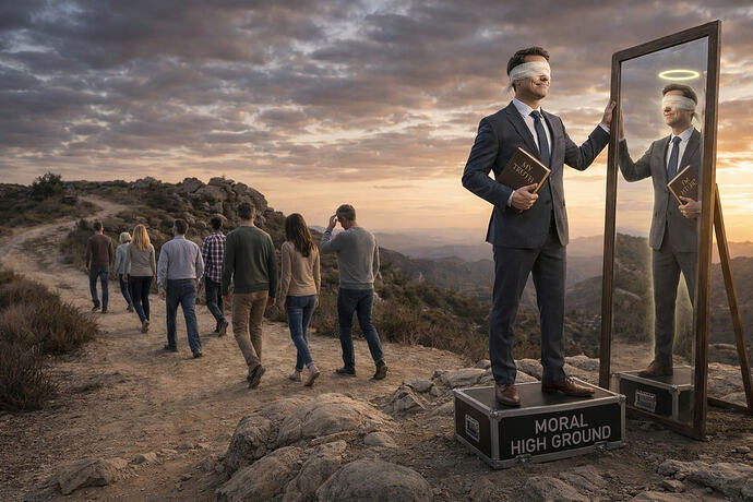 A blindfolded man holding a book labeled "MY TRUTH" stands on a crate that reads "MORAL HIGH GROUND" as he looks into a mirror, while a group of people walks away on a dirt path in the background. (Captioned by InsightAI)