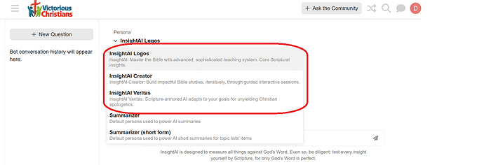 The image shows a dropdown menu from the Victorious Christians website listing InsightAI personas, including InsightAI Logos, InsightAI Creator, and InsightAI Veritas, each described with their specific focus on Bible study and Christian teaching. (Captioned by AI)