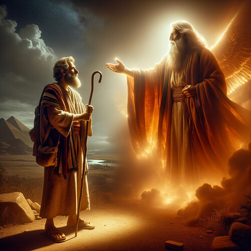 The image depicts a biblical scene with a figure resembling a prophet standing before a divine, glowing being, set against a dramatic landscape featuring pyramids and a sunset sky. (Captioned by AI)