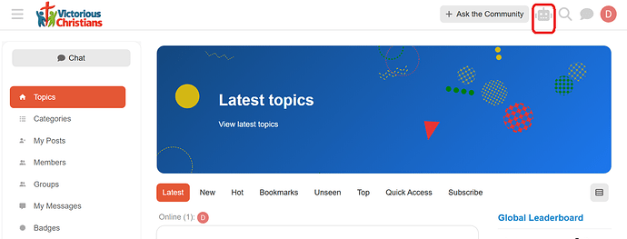The image shows the homepage of the "Victorious Christians" online community forum with a navigation sidebar, a section for latest topics, and options for viewing posts and leaderboards. (Captioned by AI)