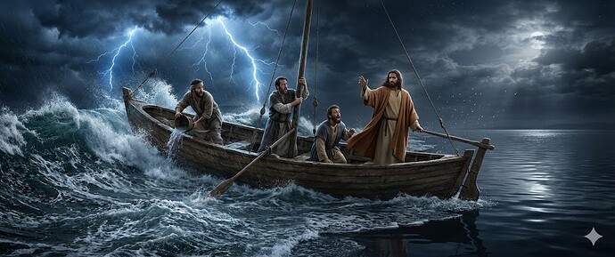 Jesus calms a fierce storm while standing in a wooden boat with disciples during a dramatic lightning-filled tempest at sea. (Captioned by InsightAI)