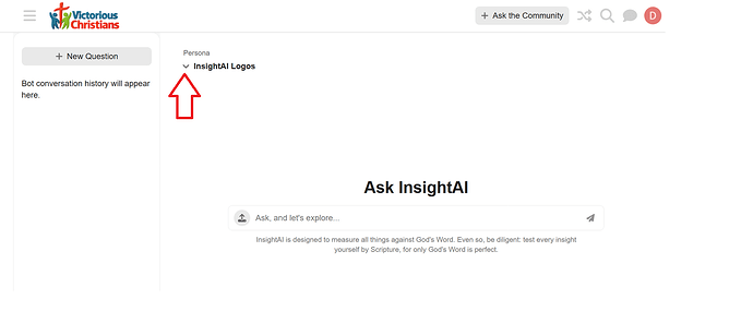 The image shows a web interface for "Victorious Christians" featuring an AI chatbot named InsightAI designed to measure insights against God's Word, with a chatbox for asking questions and a sidebar for bot conversation history. (Captioned by AI)