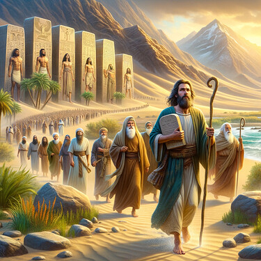 The image depicts a group of ancient figures, led by a prominent man holding stone tablets, walking through desert sands lined with palm trees and towering stone structures, suggesting a journey of significance. (Captioned by AI)