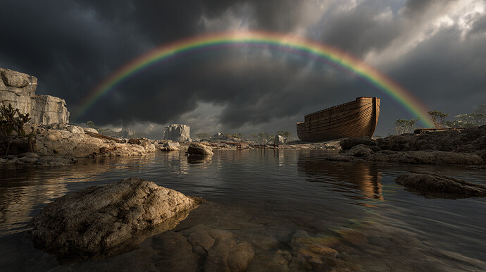 A large wooden ark like Noah's sits on rocky terrain by a reflective pool of water under a dark, stormy sky and a vibrant rainbow. (Captioned by InsightAI)