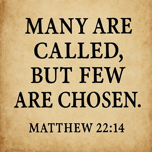 The image features a Bible verse from Matthew 22:14 stating, "Many are called, but few are chosen," printed in bold black letters on a textured beige background. (Captioned by AI)