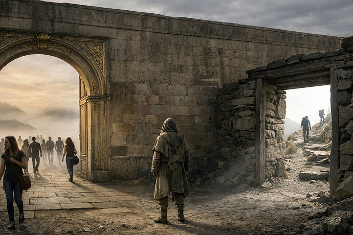 Masses of people walk under an ornate archway to the broad road to destruction while one person in a hooded cloak stands facing the wall and two hikers who have found the narrow path that leads to life (Captioned by InsightAI)