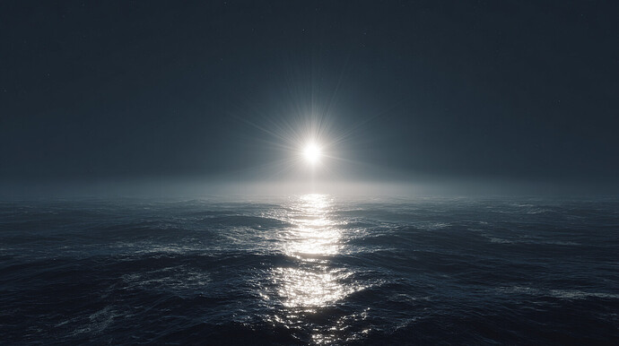 A bright, radiant star shines over a vast, dark, and choppy ocean under a starry night sky. (Captioned by InsightAI)