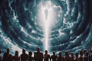 The image depicts a group of people standing below as a radiant, celestial figure ascends or descends through swirling, illuminated clouds in a dramatic, otherworldly scene. (Captioned by InsightAI)